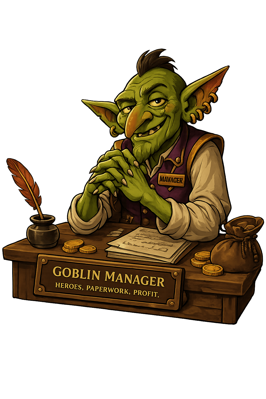 Goblin Manager at his desk. Nameplate reads: Goblin Manager — heroes, paperwork, profit.